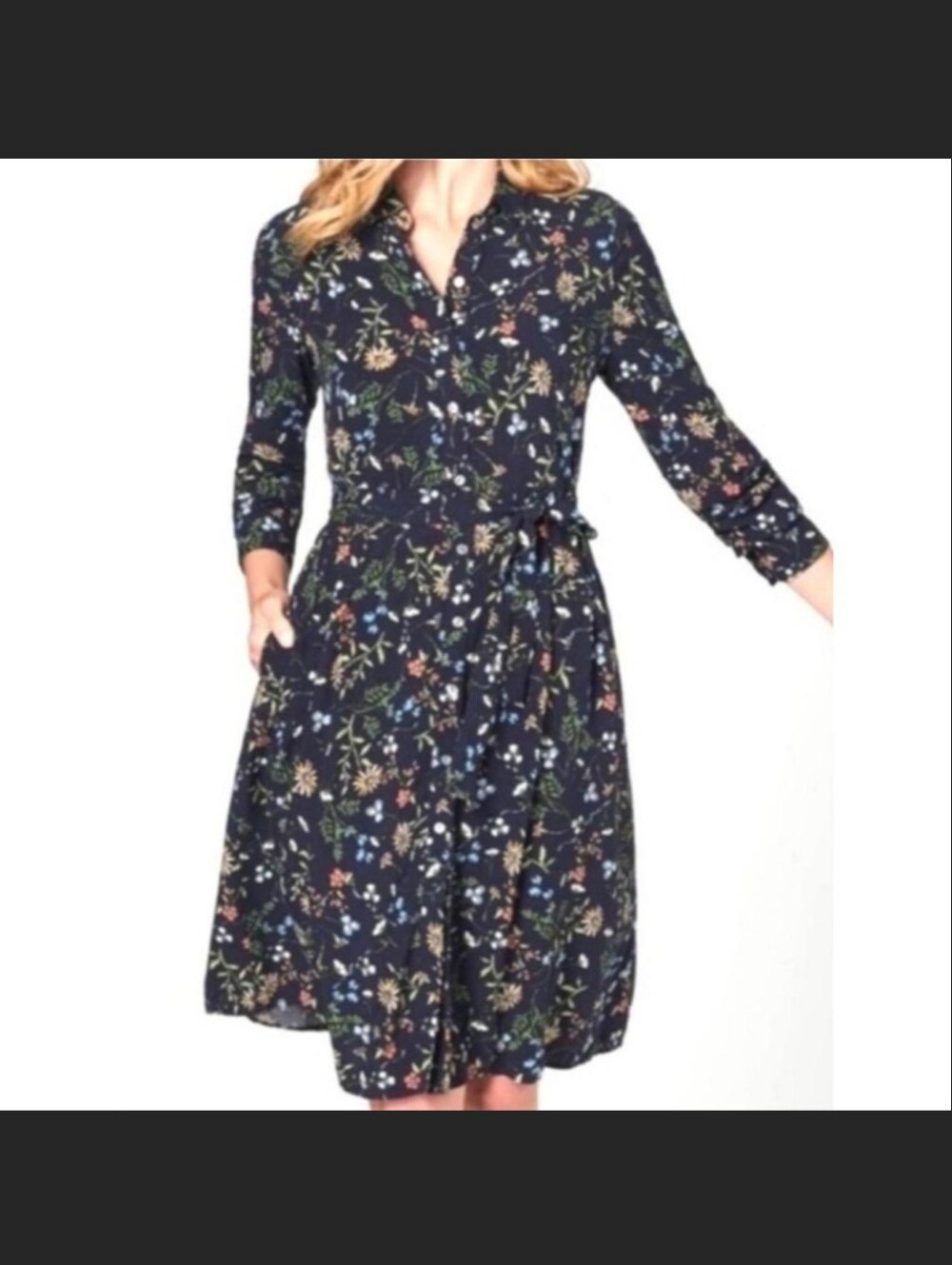 NWT J. Jill Georgous Fall Navy Floral Long-Sleeve Collared Dress W/Pockets.
